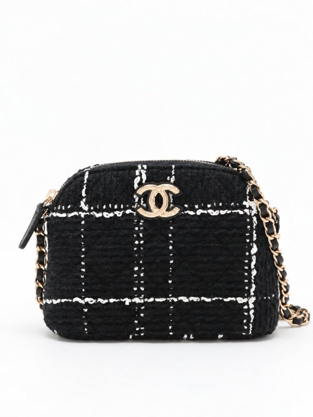Authentic Black and white Chanel Tweed Mini Crossbody With Gold Chain/ Hardware